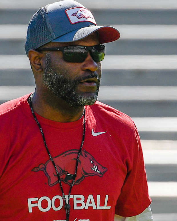 Arkansas Razorbacks co-defensive coordinator Travis Williams at practice Saturday for spring practice No. 11 inside Razorback Stadium in Fayetteville, Ark.